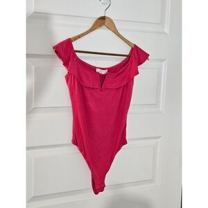 Elodie Pink Fuschia Bodysuit Top Off The Shoulder Flutter Sleeve Small NWT